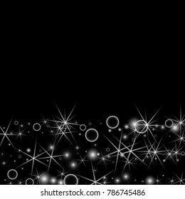 White Snowflakes on Black Background. Christmas Confetti. Festive Background with Bokeh and Stars. New Year Glitter made of Snowflakes and Stars. Confetti for Cards, Posters, Flyers on Black Backdrop