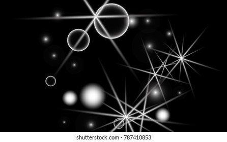White Snowflakes on Black Background. Christmas Confetti. Festive Background with Bokeh and Stars. New Year Glitter made of Snowflakes and Stars. Confetti for Cards, Posters, Flyers on Black Backdrop.
