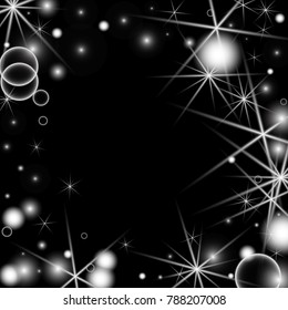 White Snowflakes on Black Background. Christmas Confetti. Festive Background with Bokeh and Stars. New Year Glitter made of Snowflakes and Stars. Confetti for Cards, Posters, Flyers on Black Backdrop