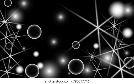 White Snowflakes on Black Background. Christmas Confetti. Festive Background with Bokeh and Stars. New Year Glitter made of Snowflakes and Stars. Confetti for Cards, Posters, Flyers on Black Backdrop.