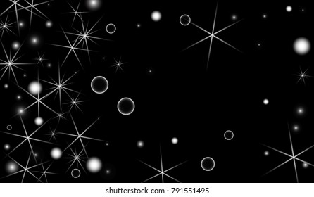 White Snowflakes on Black Background. Christmas Confetti. Festive Background with Bokeh and Stars. New Year Glitter made of Snowflakes and Stars. Confetti for Cards, Posters, Flyers on Black Backdrop.