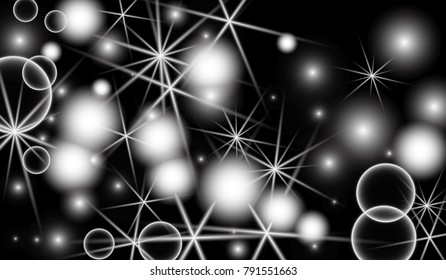 White Snowflakes on Black Background. Christmas Confetti. Festive Background with Bokeh and Stars. New Year Glitter made of Snowflakes and Stars. Confetti for Cards, Posters, Flyers on Black Backdrop.