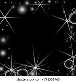 White Snowflakes on Black Background. Christmas Confetti. Festive Background with Bokeh and Stars. New Year Glitter made of Snowflakes and Stars. Confetti for Cards, Posters, Flyers on Black Backdrop