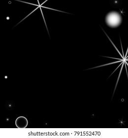 White Snowflakes on Black Background. Christmas Confetti. Festive Background with Bokeh and Stars. New Year Glitter made of Snowflakes and Stars. Confetti for Cards, Posters, Flyers on Black Backdrop