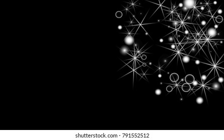 White Snowflakes on Black Background. Christmas Confetti. Festive Background with Bokeh and Stars. New Year Glitter made of Snowflakes and Stars. Confetti for Cards, Posters, Flyers on Black Backdrop.