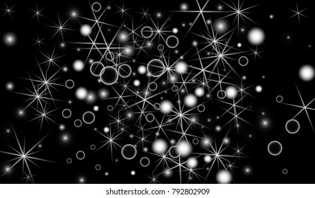 White Snowflakes on Black Background. Christmas Confetti. Festive Background with Bokeh and Stars. New Year Glitter made of Snowflakes and Stars. Confetti for Cards, Posters, Flyers on Black Backdrop.