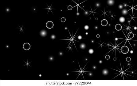 White Snowflakes on Black Background. Christmas Confetti. Festive Background with Bokeh and Stars. New Year Glitter made of Snowflakes and Stars. Confetti for Cards, Posters, Flyers on Black Backdrop.