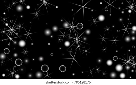 White Snowflakes on Black Background. Christmas Confetti. Festive Background with Bokeh and Stars. New Year Glitter made of Snowflakes and Stars. Confetti for Cards, Posters, Flyers on Black Backdrop.