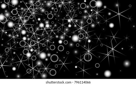 White Snowflakes on Black Background. Christmas Confetti. Festive Background with Bokeh and Stars. New Year Glitter made of Snowflakes and Stars. Confetti for Cards, Posters, Flyers on Black Backdrop.