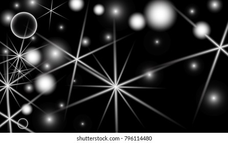 White Snowflakes on Black Background. Christmas Confetti. Festive Background with Bokeh and Stars. New Year Glitter made of Snowflakes and Stars. Confetti for Cards, Posters, Flyers on Black Backdrop.
