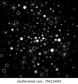 White Snowflakes on Black Background. Christmas Confetti. Festive Background with Bokeh and Stars. New Year Glitter made of Snowflakes and Stars. Confetti for Cards, Posters, Flyers on Black Backdrop