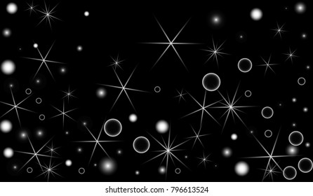 White Snowflakes on Black Background. Christmas Confetti. Festive Background with Bokeh and Stars. New Year Glitter made of Snowflakes and Stars. Confetti for Cards, Posters, Flyers on Black Backdrop.