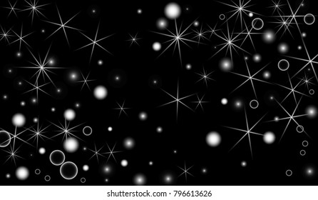 White Snowflakes on Black Background. Christmas Confetti. Festive Background with Bokeh and Stars. New Year Glitter made of Snowflakes and Stars. Confetti for Cards, Posters, Flyers on Black Backdrop.