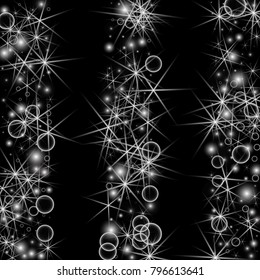 White Snowflakes on Black Background. Christmas Confetti. Festive Background with Bokeh and Stars. New Year Glitter made of Snowflakes and Stars. Confetti for Cards, Posters, Flyers on Black Backdrop