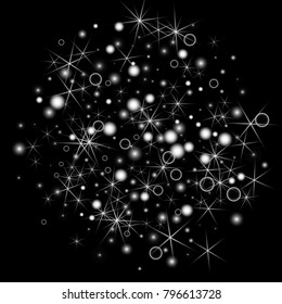 White Snowflakes on Black Background. Christmas Confetti. Festive Background with Bokeh and Stars. New Year Glitter made of Snowflakes and Stars. Confetti for Cards, Posters, Flyers on Black Backdrop