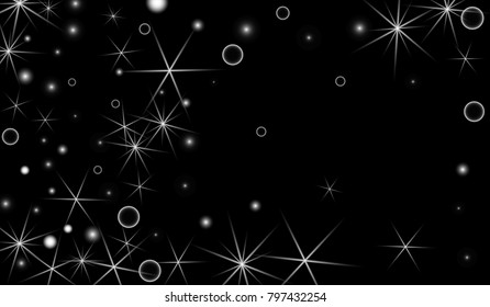 White Snowflakes on Black Background. Christmas Confetti. Festive Background with Bokeh and Stars. New Year Glitter made of Snowflakes and Stars. Confetti for Cards, Posters, Flyers on Black Backdrop.