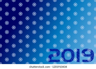 White snowflakes on a blue background. Text 2019 new year. Vector image. Texture.