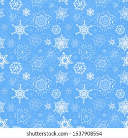 White snowflakes on blue background seamless pattern. Falling snow background. Winter print. Christmas frosty holiday concept. Vector illustration.
