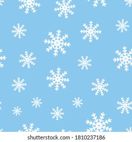 Weiße Schneeflocken auf blauem Hintergrund. Nahtlose Vektorwiederholmuster. Ideal für Ferien, Weihnachten, Heimgestaltung, Umhüllung, Mode, Scrapbooking, Tapete, Geschenk, Kinder, Kleidung.