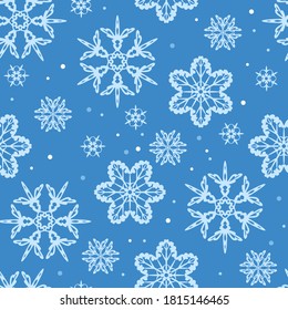 Copos de nieve blancos con fondo azul. Patrón ininterrumpido de la fiesta de invierno. Ilustración plana de dibujos animados. Decoración de Año Nuevo o Navidad.
