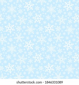 White snowflakes on blue background seamless pattern. Vector Christmas snowflakes pattern. Flat vector Illustration. Simple Christmas design for web and print