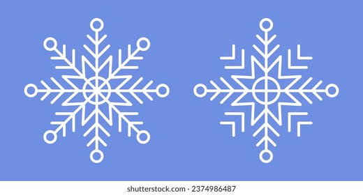 Copos de nieve blancos con fondo azul. Vector Winter aisló iconos en la silueta. Cristales de nieve. Estilo de línea simple