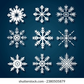 Weiße Schneeflocken auf blauem Hintergrund für Winterdesign. Weihnachts- und Neujahrskonzept. Vektorschneeflocken. Schneeflocken im flachen Stil. Festtagswallungen
