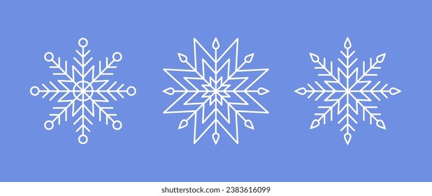 White Snowflakes on blue background. Vector Winter isolated icons in silhouette. Snow Cristals. Simple Line Style