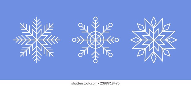 White Snowflakes on blue background. Vector Winter isolated icons in silhouette. Snow Cristals. Simple Line Style