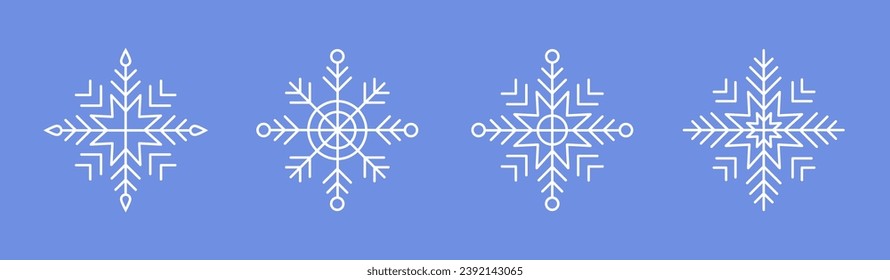 Copos de nieve blancos con fondo azul. Vector Winter aisló iconos en la silueta. Cristales de nieve. Estilo de línea simple
