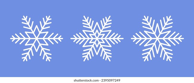 Weiße Schneeflocken auf blauem Hintergrund. Vektor Winter einzelne Symbole in Silhouette. Schneekristale. Einfache Linienführung