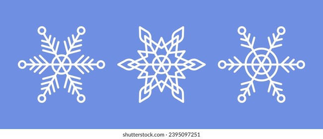 Weiße Schneeflocken auf blauem Hintergrund. Vektor Winter einzelne Symbole in Silhouette. Schneekristale. Einfache Linienführung