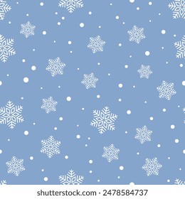 White snowflakes on blue background. Vector seamless pattern. Best for textile, wallpapers, wrapping paper and seasonal decoration.