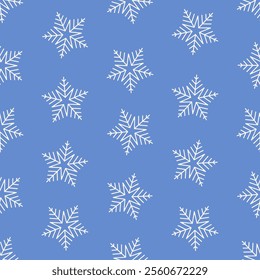 White snowflakes on blue background. Vector seamless pattern. Best for textile, wallpapers, wrapping paper and seasonal decoration.