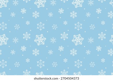 White snowflakes on a blue background in a seamless pattern. A clean winter design perfect for Christmas themes, seasonal decor, wallpapers, and festive illustrations.