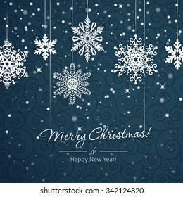 White snowflakes on blue background. Christmas vector card