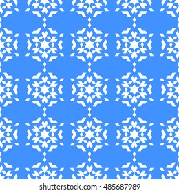 White snowflakes on a blue background. Seamless isometric pattern.