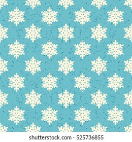 White snowflakes on blue background with grunge shapes. New Year and Christmas seamless pattern. Packing paper for gifts and different use.