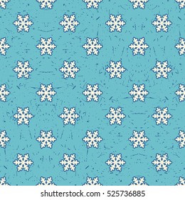 White snowflakes on blue background with grunge shapes. New Year and Christmas seamless pattern. Packing paper for gifts and different use.
