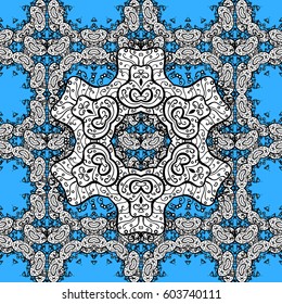 White snowflakes on blue background. Christmas white snowflake seamless pattern. Symbol holiday, New Year celebration vector white pattern. Winter snow texture wallpaper.