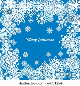 white snowflakes on blue background.