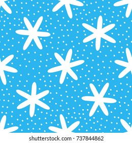 White snowflakes on blue background. Seamless pattern. Drawn by hand. Vector illustration for design of New Year greeting cards, covers, clothes, invitations.