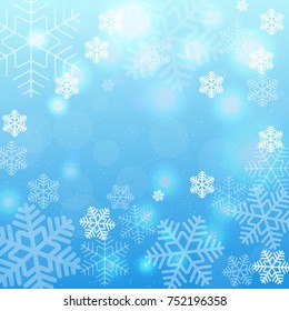 White snowflakes on a blue background.  Winter Holidays Decoration. Vector illustration for posters and greeting cards design.