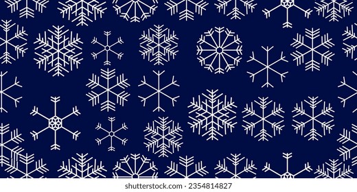 White snowflakes on a dark blue background - seamless pattern. Winter season - snowy night - Vector illustration.