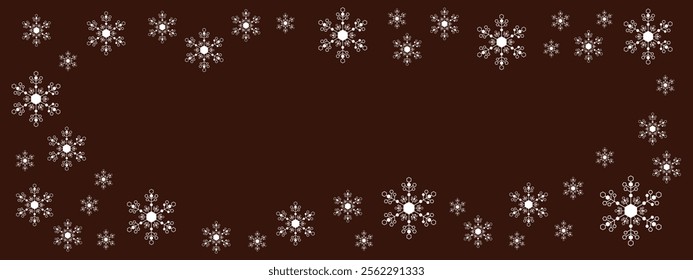 White snowflakes on dark brown Mocha Mousse color vector background. Luxury flyer. Premium banner. card. Cover design. Christmas design. Happy New Year. Navidad. Luxury long backdrop. Copy space.