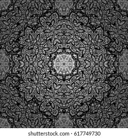 White snowflakes on gray background. Christmas white snowflake seamless pattern. Symbol holiday, New Year celebration vector white pattern. Winter snow texture wallpaper.