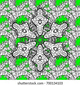 White snowflakes on green background. Winter snow texture wallpaper. Christmas snowflake pattern. Symbol holiday, New Year celebration vector white pattern with white elements.