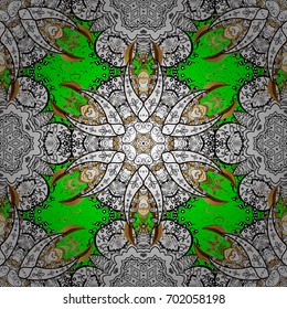 White snowflakes on green background. Winter snow texture wallpaper. Christmas snowflake pattern. Symbol holiday, New Year celebration vector white pattern with white elements.