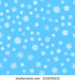 White snowflakes on a light blue background. New Year, Christmas seamless background, pattern 
