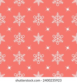 Los copos de nieve blancos sobre un patrón sin problemas de fondo rojo claro. Navidad plana y tema del invierno. ilustración vectorial
